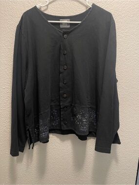 Blue Fish Button-Front Women's Light Cardigan with Floral Hem & tie back accent.